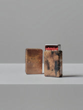 Handmade brass matchbox holder by 13 Knives Melbourne with natural patina, shown with matches