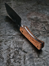 detail of a hand made kitchen knife with a cork handle made in melbourne australia by 13 knives