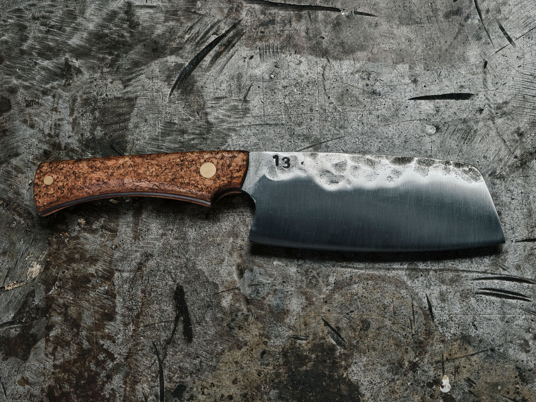 Hand forged kitchen knife with cork handle made by 13 knives in melbourne australia