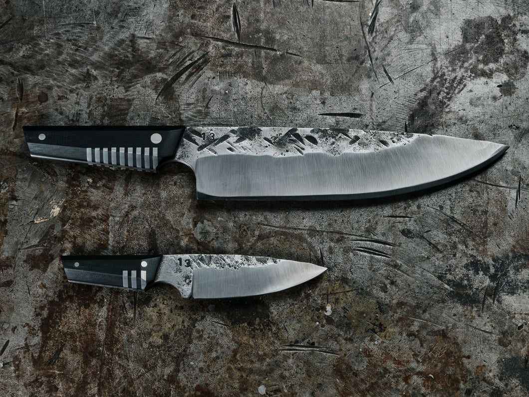 Set of hand forged high carbon kitchen knives by 13knives in collingwood melbourne australia