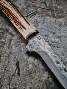 details of a handmade kitchen knife with a deer antler stag handle by 13 knives in collingwood australia 