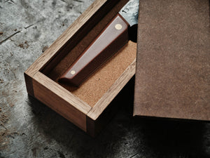 detail shot of a hand made wooden knife box by craftsman Bud Heyser