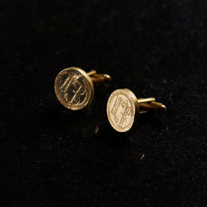 Luxury hand forged cuff links etched in shiny golden brass handmade in collingwood victoria australia by 13K 13 Knives