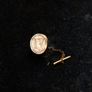 hand forged luxury tie tack made of polished and etched gold brass hand made in collingwood melbourne australia by bud heyser of 13 knives 13k